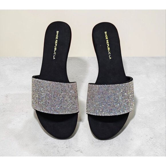 Shoes - Rhinestone Embellished Slide Sandals Black Sole Multicolor Sparkle Band